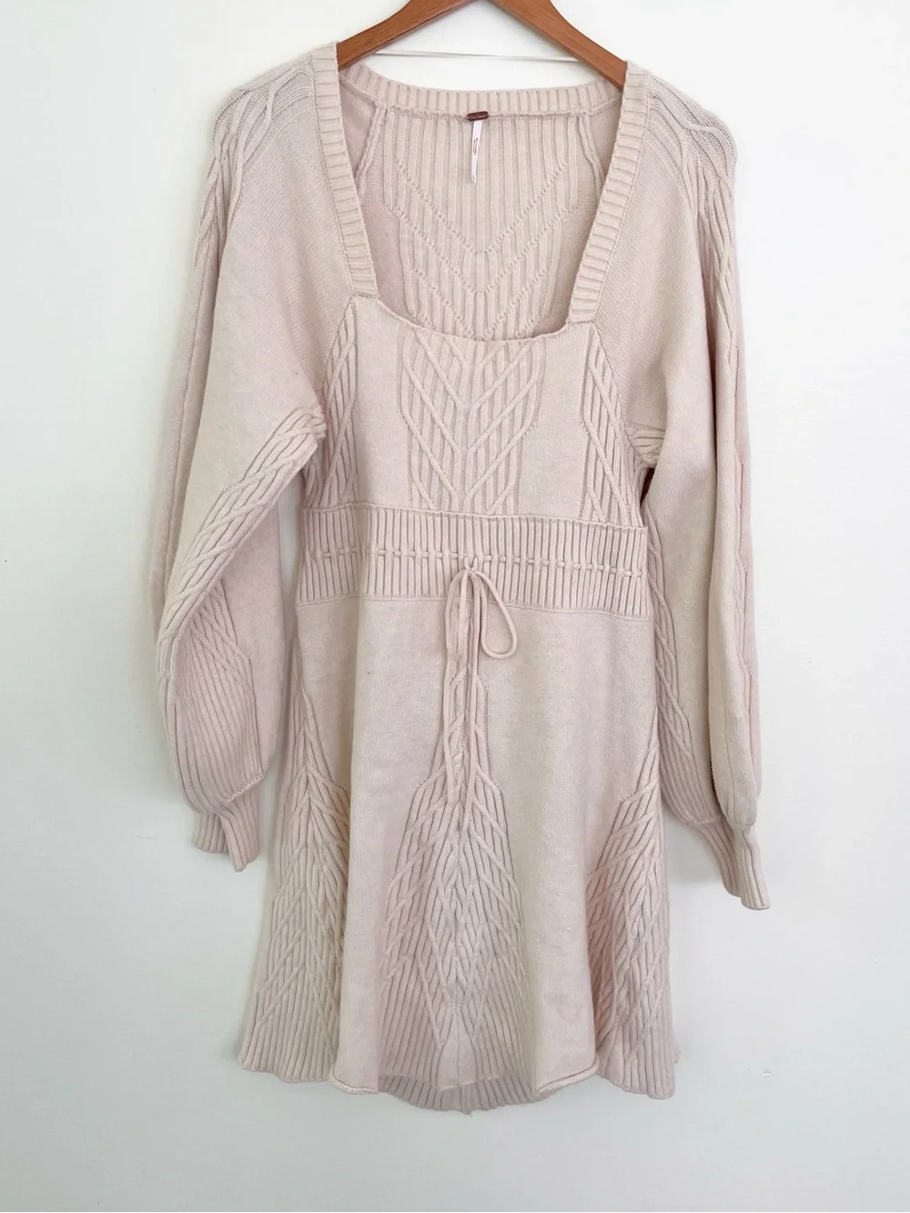 Free People Emmaline Mini Sweater Dress in Ivory Cream L Large Bishop Sleeve